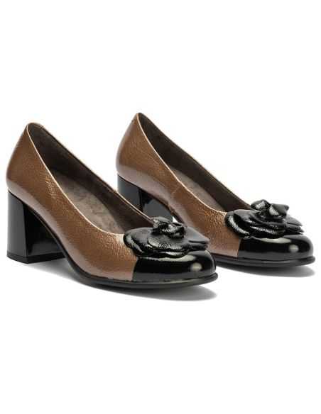Pitillos - 11657 - NEGRO/TOPO - Salón combinado charol bicolor con moña flor Negro-Topo - 2