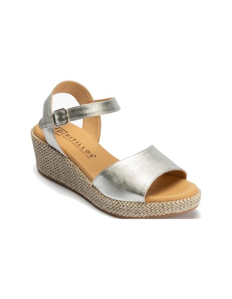 Pitillos - 11264 - PLATA - 11264 - PLATA - Sandalia de rafia con cuña baja y piel metalizada